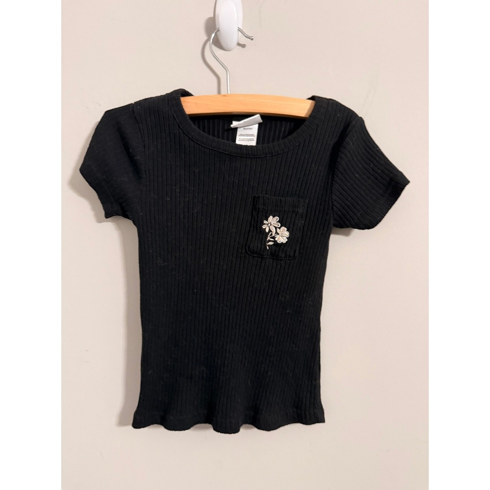 Nicole Miller T-Shirt Girls 6X Black Ribbed Floral Embroidered Pocket